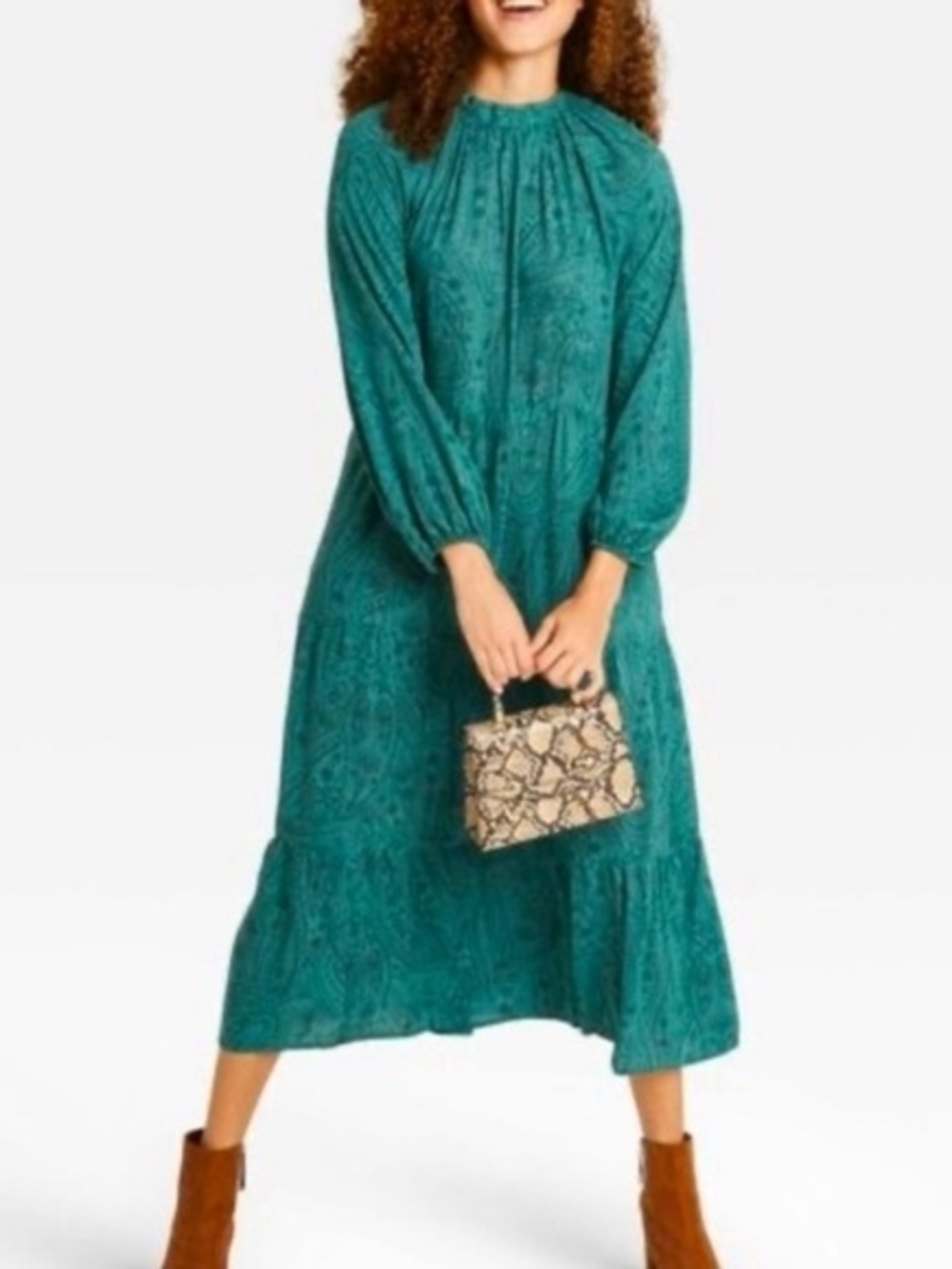 A New Day Green Paisley Bohemian Cottage Long-Sleeve Midi Dress
